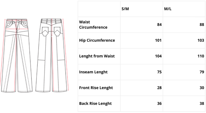 RAW FLARED JEANS - Size chart